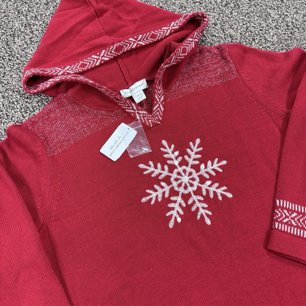Christopher & Banks Snowflake Red Sparkle Knit Hooded Sweater‎ Womens M